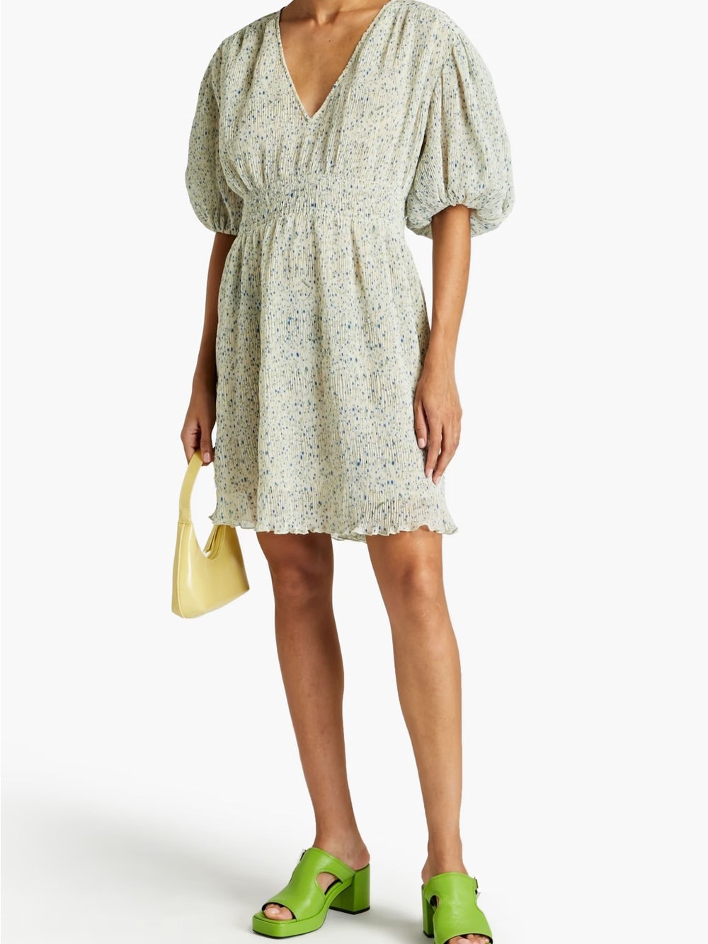 Ganni Light Green Speckled V-Neck Puff Sleeve Midi Dress